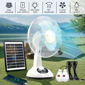 Rechargeable Table Fan with LED Bulbs & Solar Panel,USB Charging,  6V 4500mAh Battery, 18W DC Motor, Wide-Angle Airflow, Portable Solar Fan Kit for Indoor & Outdoor Use