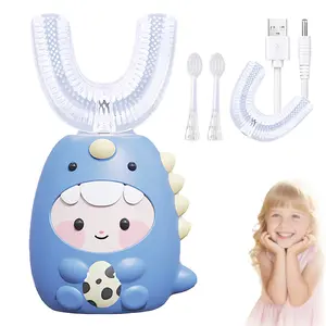 Children's U-shaped electric toothbrush, equipped with 4 brush heads, 360° vibrating automatic toothbrush, featuring 3 cleaning modes, IPX7 level waterproof design, with cartoon dinosaur style. Whitening Adjustable