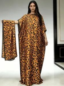 1dress+1scarf Rust Orange Leopard Print Satin Kaftan Dress Women Oversized Beach Cover Up Robe Loose Muslim Abaya Vacation Casual Maxi Nightgown