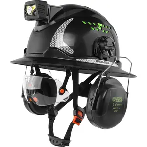 Hard Hat with Ear Muffs, Vented Full Brim Safety Hardhat with Built-in Headlight & Flip-Up Visor, Lightweight Construction Hard Hat for Men & Women, 4-in-1 Protective Gear, Flashlight, Ear Protectors
