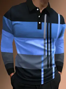 Men's Colorblock Print Half Button Polo Shirt, Knitted Shirt, Regular Fit Casual Street Style Long Sleeve Collared Top, Longsleeves Menswear for Daily Wear, Buttoned Polo Shirt, Collared Polo Shirts