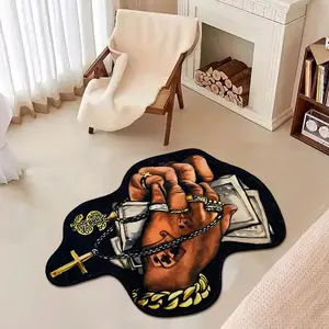 Hand Holding Cross & Money Pattern Carpet, Creative Art Style Non-slip Floor Mat, Decorative Area Rug for Home Living Room Bedroom