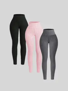 Soft Skin-Friendly High Waist Slim Fit Knit Pants Set, Three-Piece Set, Fitted, Comfortable and Stylish, Perfect for Daily Wear, Womenswear