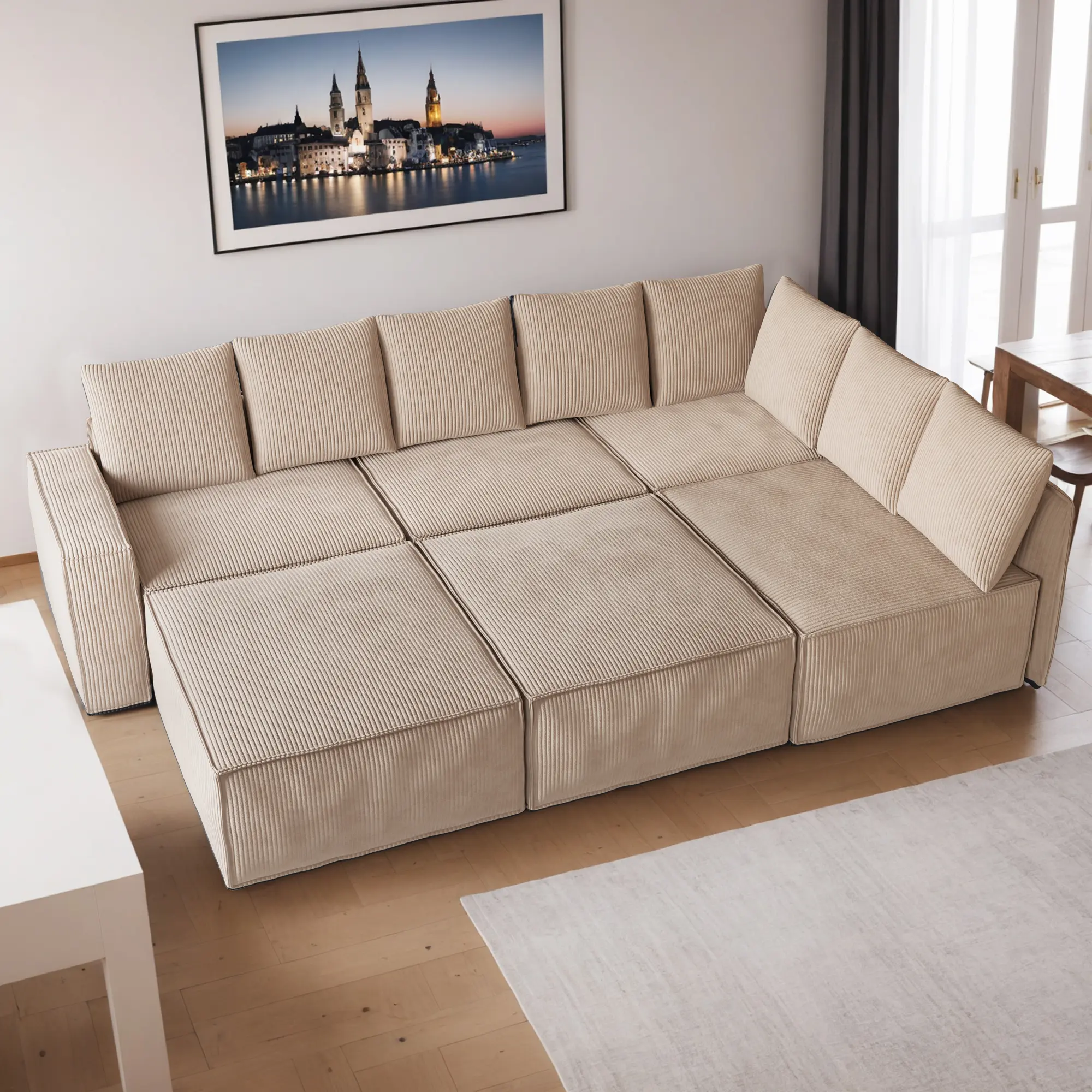 XIZZI 127.4" Modular Sectional Sofa Set U-Shaped Cloud Couch with Chaise Lounge Modern Minimalist Deep Seat Plush Corduroy Sofa Bed for Living Room 6 Seater