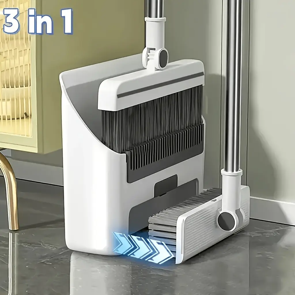 3-in-1 Home Care Supplies Cleaning Kit with Handle - Foldable Soft-Bristled Broom, Dustpan & Brush Combo, Non-Stick Bristles, Ideal for Office, Dorm, Great Christmas Gift