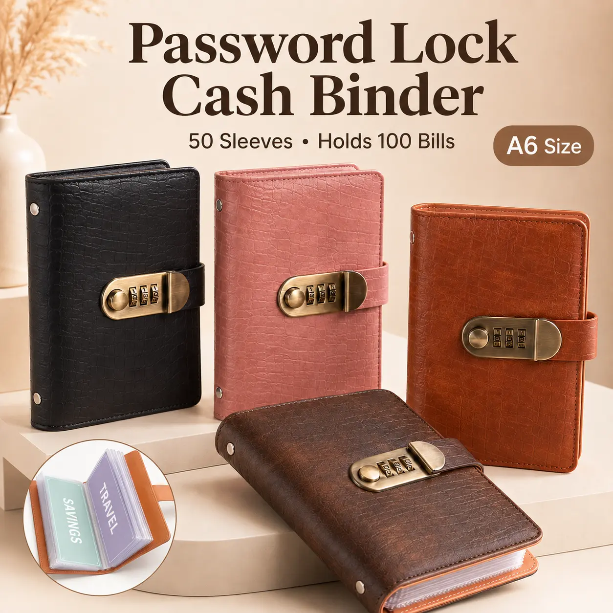 [Dealsforyou] A6 Cash Budget Binder with 3-Digit Combination Lock, 50 Fixed Clear Sleeves, 100-Side Capacity, PU Cover Money Organizer for Savings, Travel and Rent Planning
