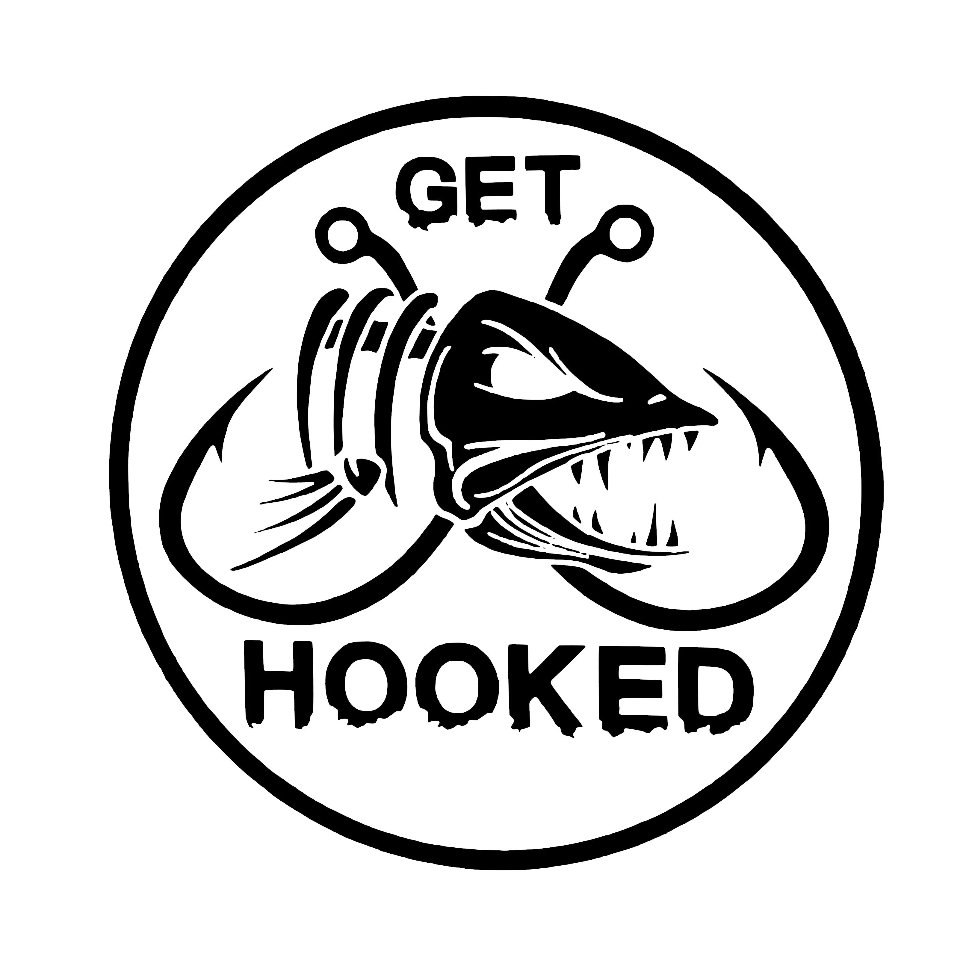 Get Hooked Fishing Vinyl Sticker Decal - Black and White Design with Fish, for Customizing Laptop, Cars, Automobile, Computer