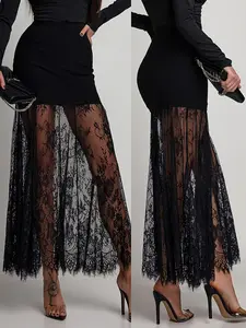 Fashion High-Waisted Midi Skirt for Women, Sexy Chic Elegant Lace Patchwork Semi-Transparent Formal Evening Dress, Fitted Solid Pattern
