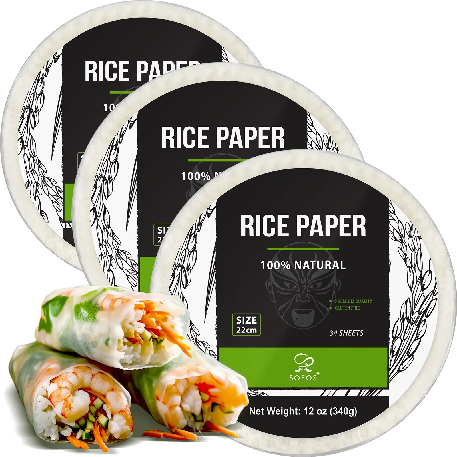 Soeos Rice Paper, White Rice Paper Wrappers, Pack of 3, 102 Sheets Disposable Traditional