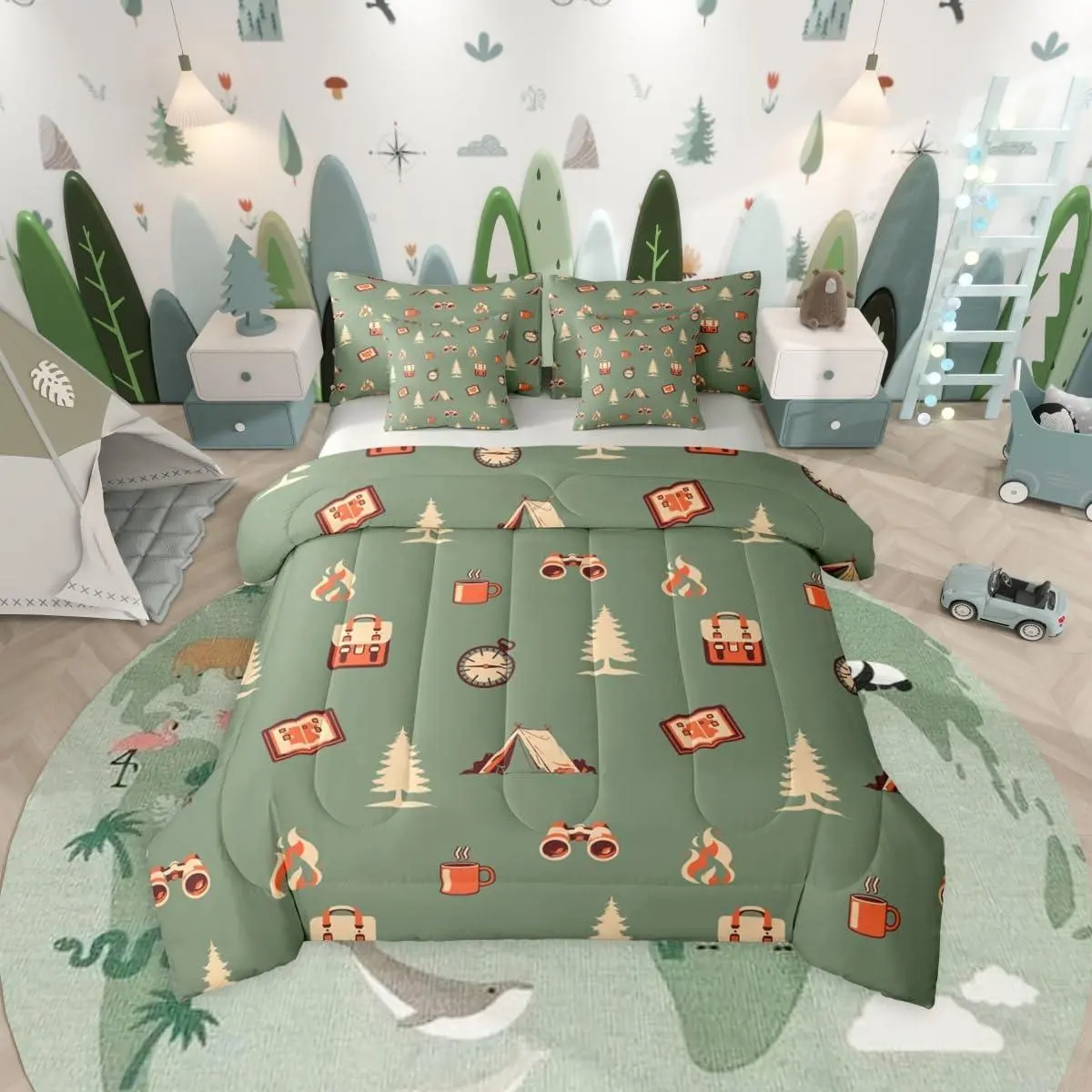 Camper Adventure Theme 7 Pieces Bedding Set,Happy Camping Bed in a Bag,Cartoon Tent Travel Bag Bed Set,Includes Comforter,Sheet Set,Pillowcases & Pillow Covers,Camping Lover Bedroom Decor