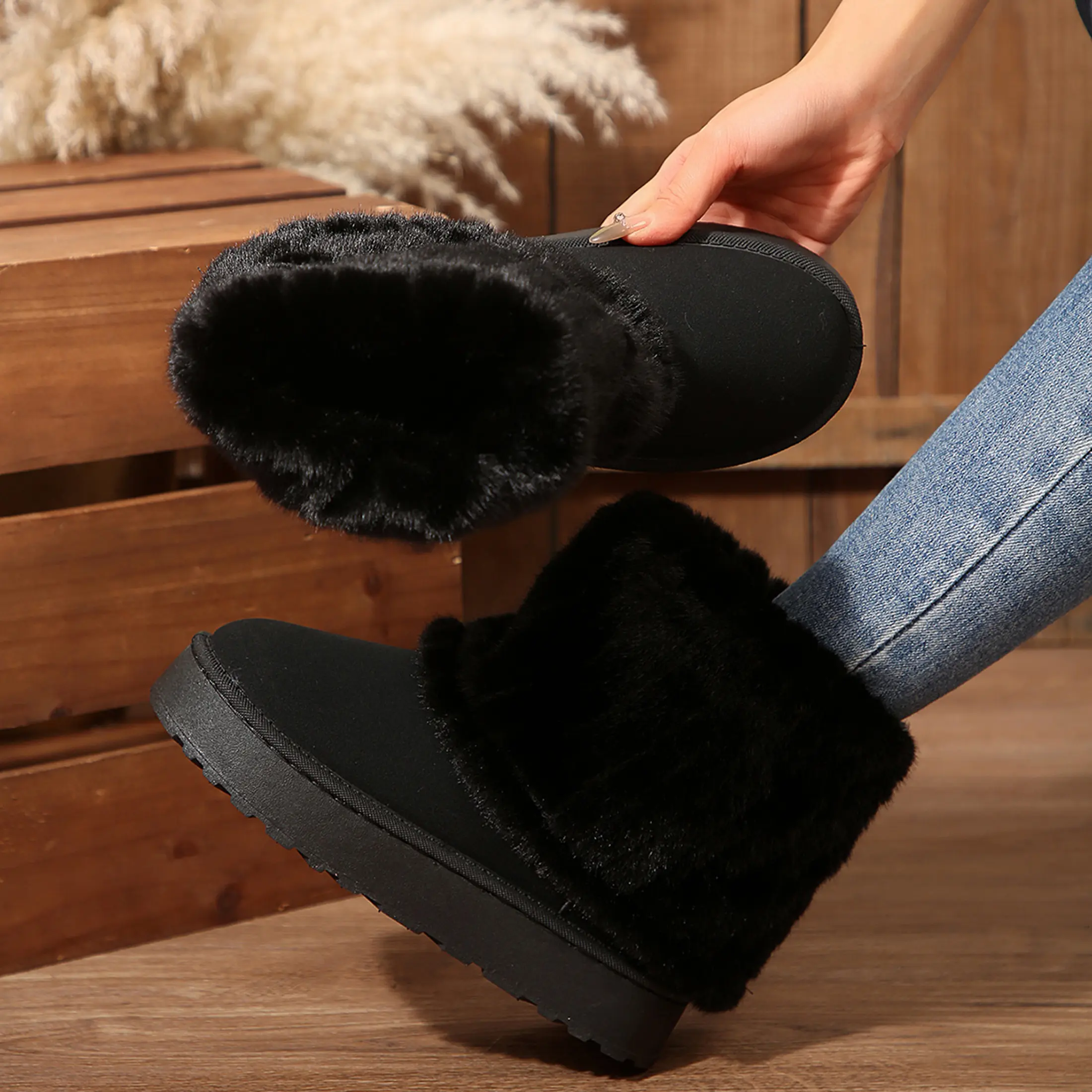 Women's Fluffy Mid - Calf Winter Snow Boots Lightweight Slip-On Indoor Outdoor Shoes
