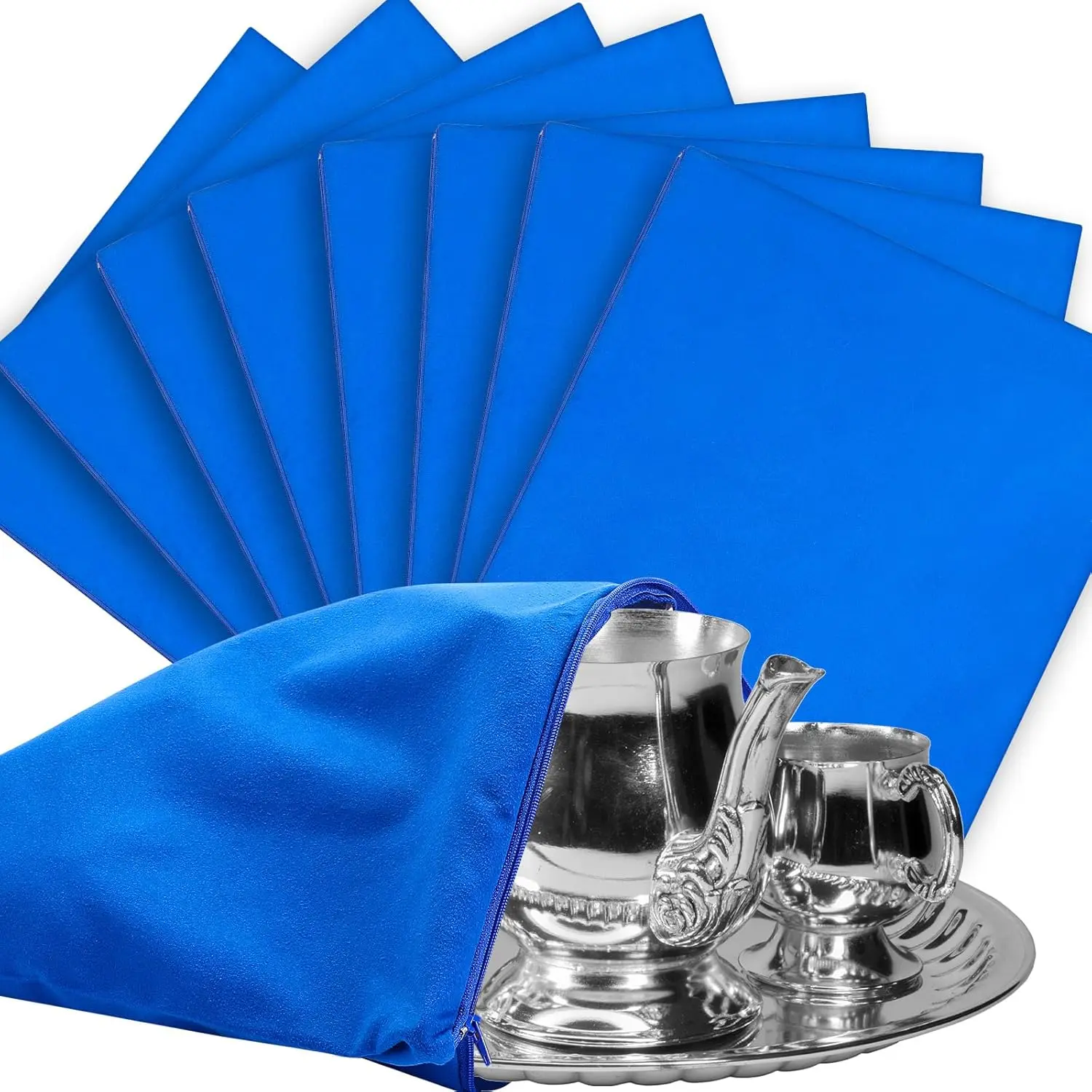 8 count Zippered Silver Storage Bags Anti Tarnish Silver Pouches Keeper Jewelry Storage Protector Bags(15 x 15 Inch,Navy Blue)