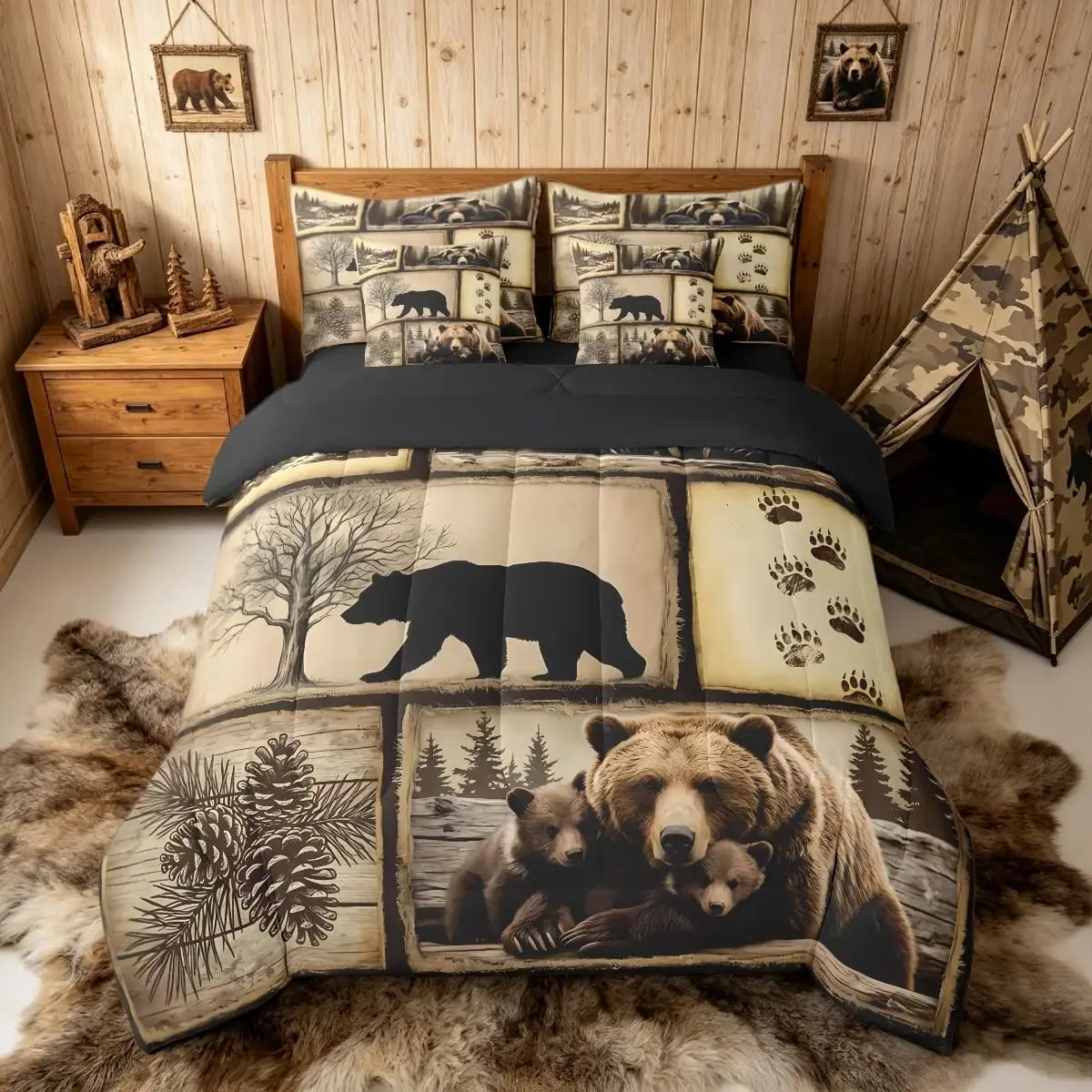 Bear Comforter Set 7 Pieces Rustic Cabin Country Bedding Set Wild Animal Bed in a Bag with Comforter,Sheets,Pillowcases,Cushion Covers