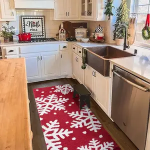 Red Snowflake Christmas Runner Rug 2x5, Cute Winter Seasonal Christmas Runner Rugs Long Bath Mat Non Slip Washable, Holiday Festive Xmas Area Runner Rugs for Entryway