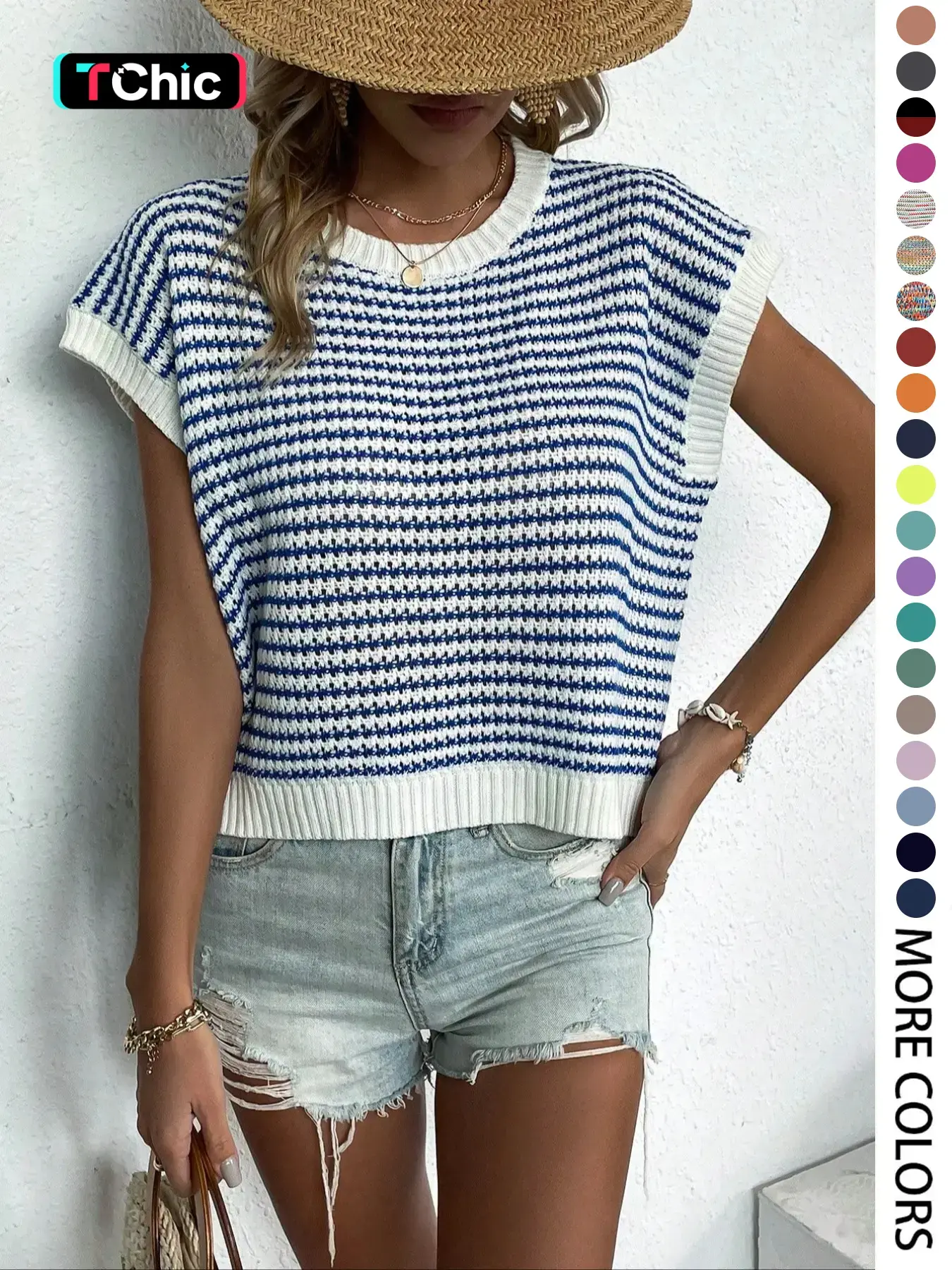 Women's Elegant Striped Knitted Top for Summer, Fashion Versatile Round Neck Cap Sleeve Loose-Fit Knitwear, Casual Womenswear