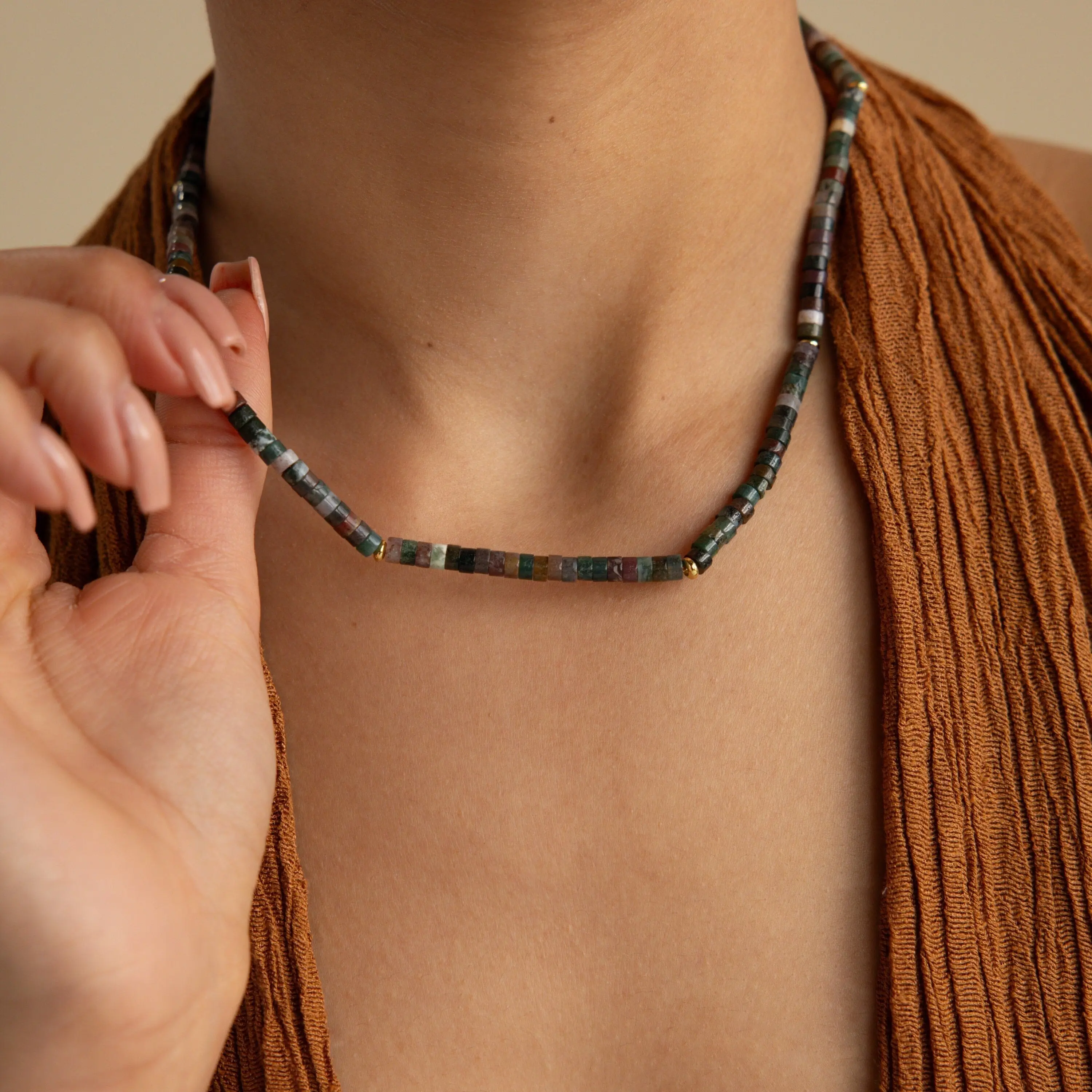 Moss Agate Beaded Necklace by Caitlyn Minimalist - Boho Mixed Green Gemstone Layering Necklace in Gold - Summer Jewelry - Gift for Her