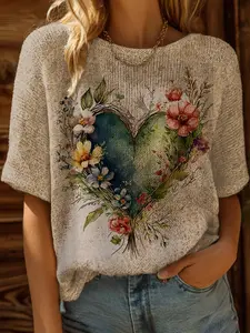 Spring Summer Knit Top, One Shoulder Straps, Colorblock Heart Print Short Sleeve, Casual Elegance Commute Wear, Women's Boho Beachwear Floral, Knitwear Womenswear