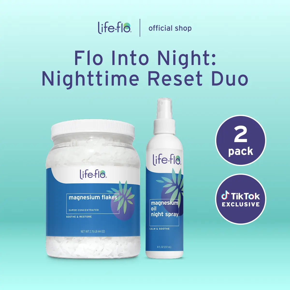 Life-flo Flo Into Night: Nighttime Reset Duo - 44oz Magnesium Flakes + Magnesium Oil Night Spray