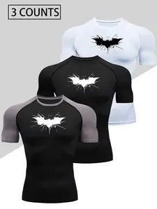 3-Pack Men's Quick-Drying Compression T-Shirts - High-elasticity, breathable athletic shirts with a bat pattern, suitable for all seasons. Ideal for fitness, running, basketball, and training.  Moisture-wicking, close-fitting design