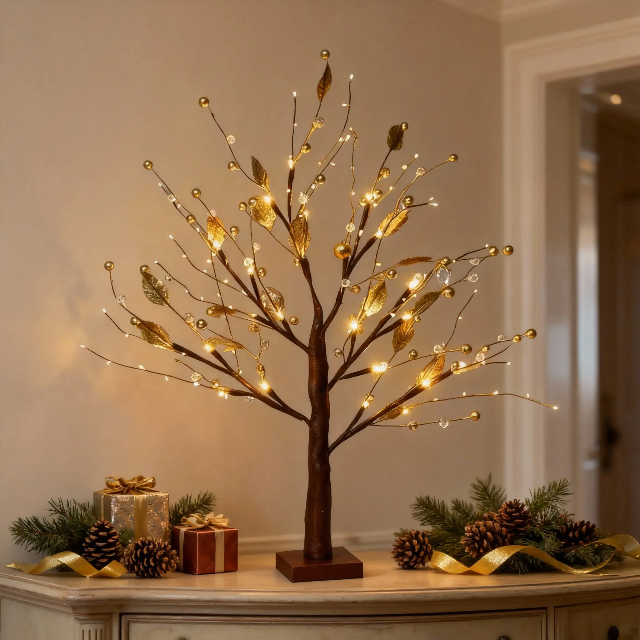 Battery-Powered Cordless Golden Fruit Tree Lights, Plastic, DC Power Supply, Easy Setup, Landscape & Christmas Ambient Glow Decor for Cozy Living Room Tabletop (Home Improvement Novelty Lighting)
