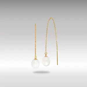 14K Gold 7-8mm White Rice FW Cultured Pearl Cable Chain Threader Earrings - Model XF711E