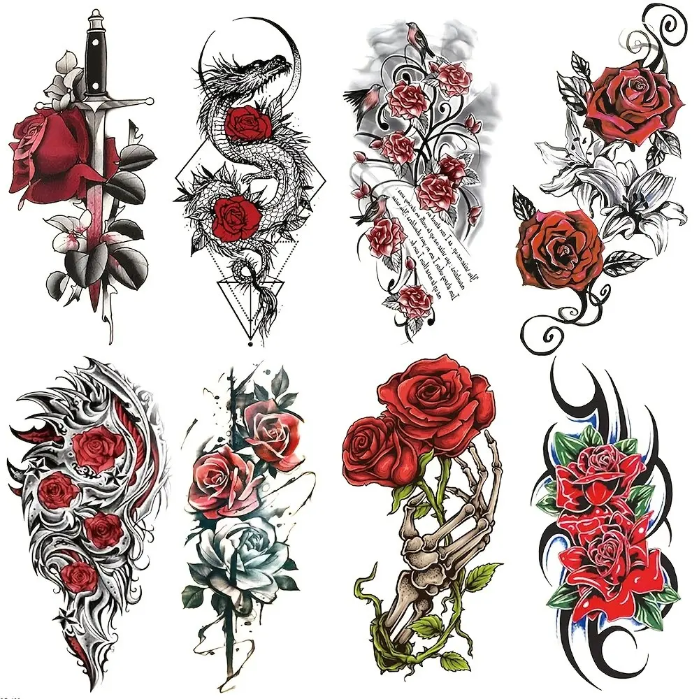 8pcs Colorful Rose Skull Hand Dragon Sword Arm Temporary Tattoos, Waterproof Realistic Tattoo Stickers, Party & Event Body Art, Body Fake Tattoos, Tattoo Paper, Waterproof Matte Tattoo