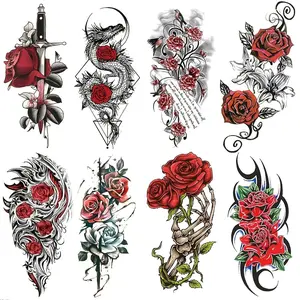 8pcs Colorful Rose Skull Hand Dragon Sword Arm Temporary Tattoos, Waterproof Realistic Tattoo Stickers, Party & Event Body Art, Body Fake Tattoos, Tattoo Paper, Waterproof Matte Tattoo