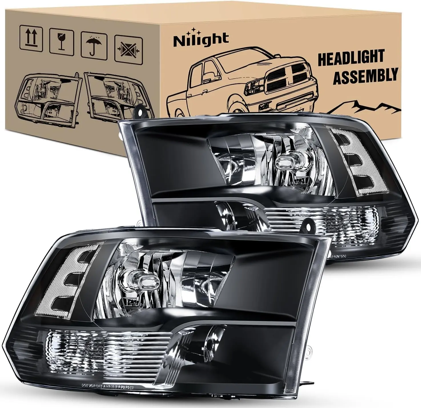 Nilight Quad Headlamp Assembly Replacement Truck Accessories for 2009-2018 Ram 1500 2500 3500 Quad Model Pickups, ABS Plastics, Black Housing, Transparent Corner, Transparent Lens, Shock Resistant, Waterproof, Driver's & Passenger's Side, Driver's Side An