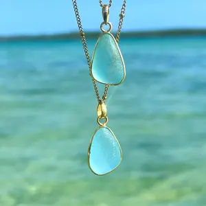 Sea Glass Gold Pendant Necklace Gold Plated Wire Wrapped Tarnish Resistant Chain with Aqua Blue Glass Pendants 18-inch Chain Hand-Tumbled Recycled Glass Oceanic Blues