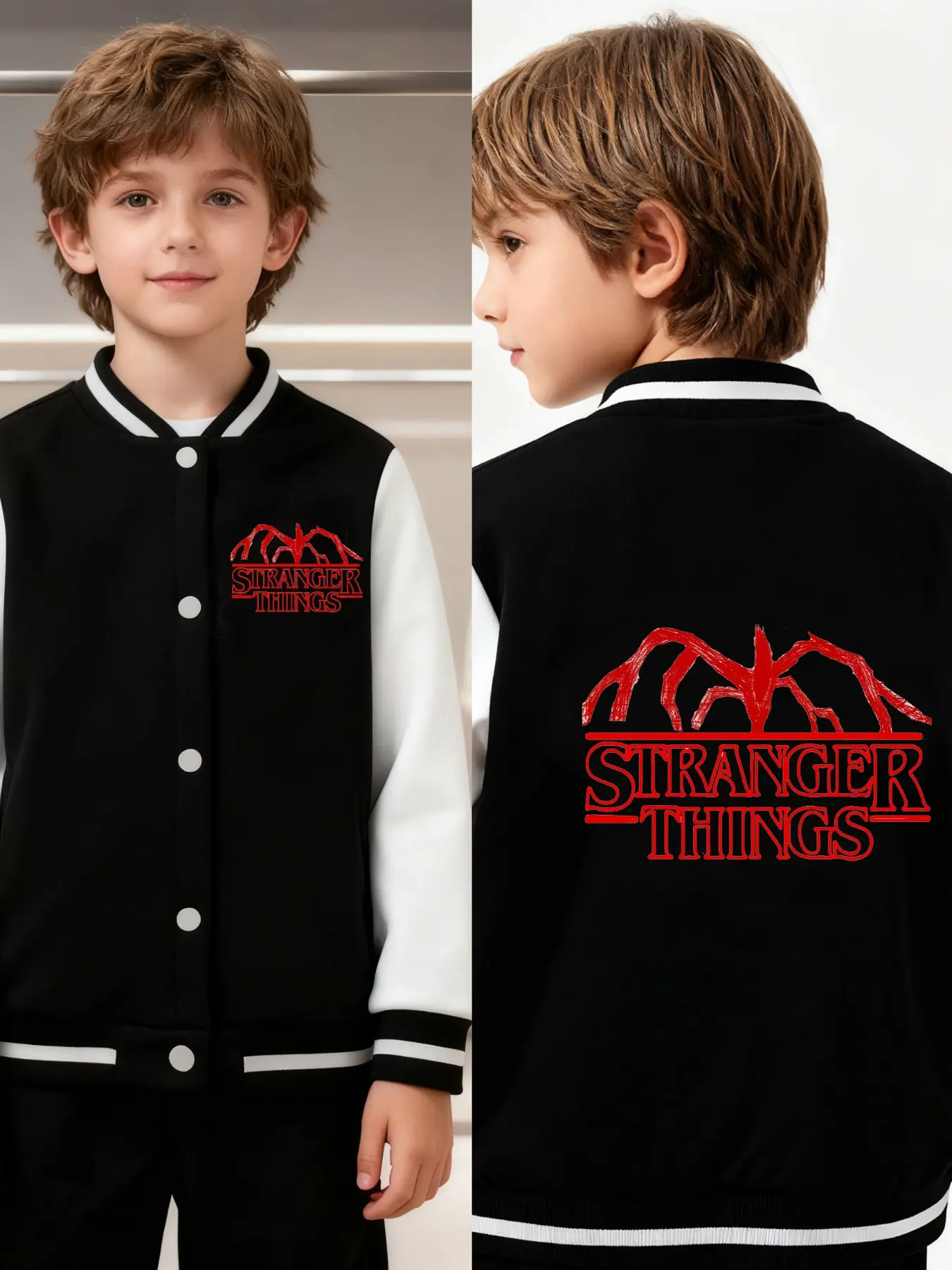 Stranger Things King Of The Realm Embroidery Boys' And Girls' Spring/Autumn New Style Cool Baseball Jacket Fall Jacket Pullover Coat, Fashionable, Casual, Comfortable, Daily Outdoor Versatile Top, Ideal Gift Choice