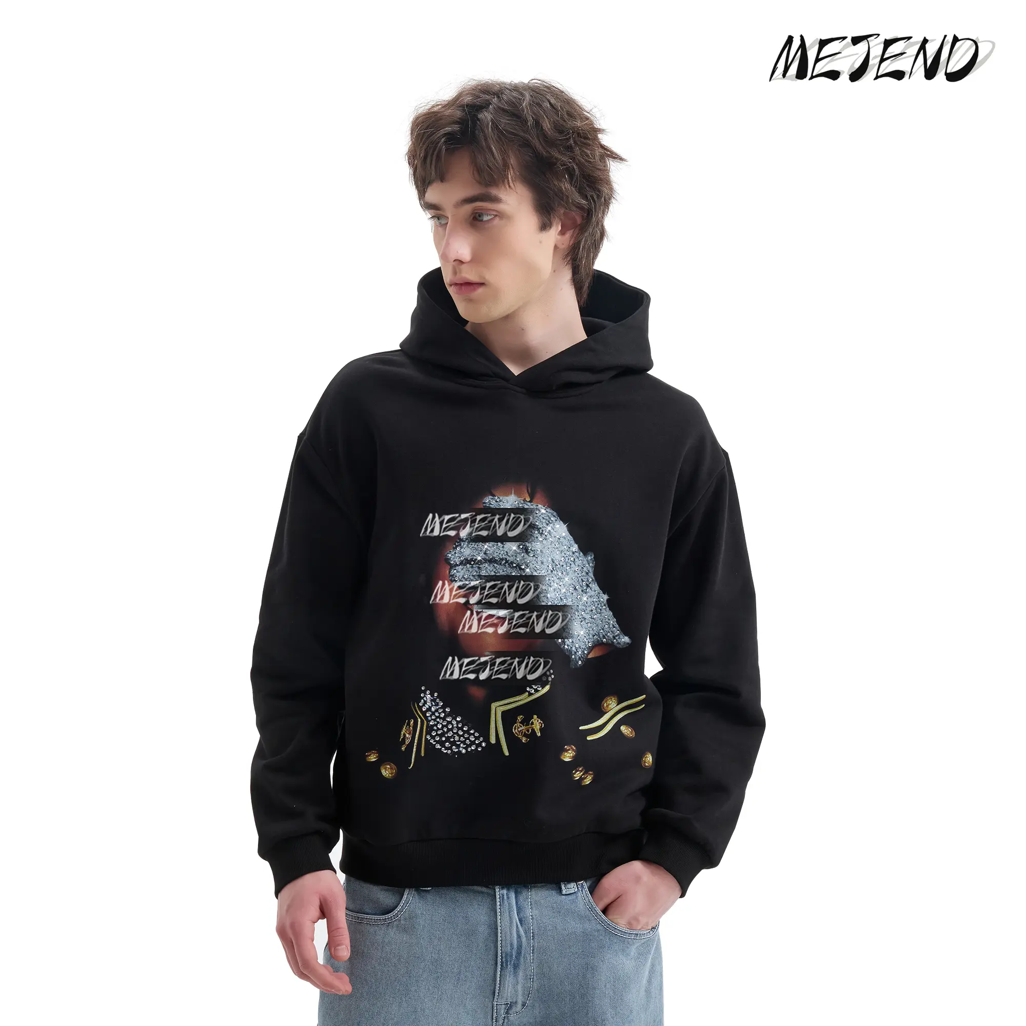 MJ Rhinestone Tee, MeJend Unisex 100% Cotton Long Sleeve Sweatshirt, Oversized Streetwear Pullover, Casual Outfit Fall Winter Clothing Glove with Diamonds