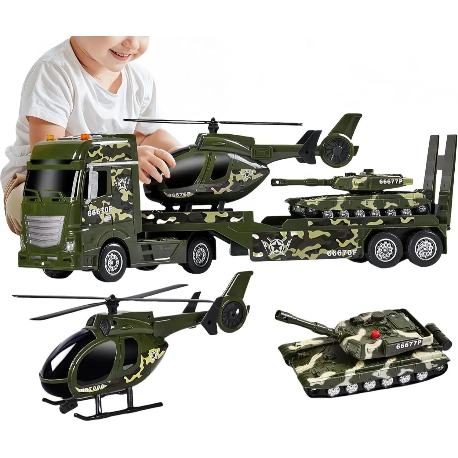 P-MTS014     25.6" Green Military Big Truck Toys, Big Truck Toy with Tank and Helicopter,Army Toys with Sounds & Lights, Great Gift for 3+Years Old Boys and Girls