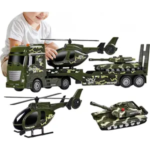 P-MTS014     25.6" Green Military Big Truck Toys, Big Truck Toy with Tank and Helicopter,Army Toys with Sounds & Lights, Great Gift for 3+Years Old Boys and Girls