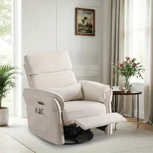Power Swivel Rocker Recliner Chair with USB & Type-C Ports, Chenille Recliner with Adjustable Headrest & Armrest, Lumbar Support, Side Pocket, for Nursery or Living Room, Beige/Green/Gray