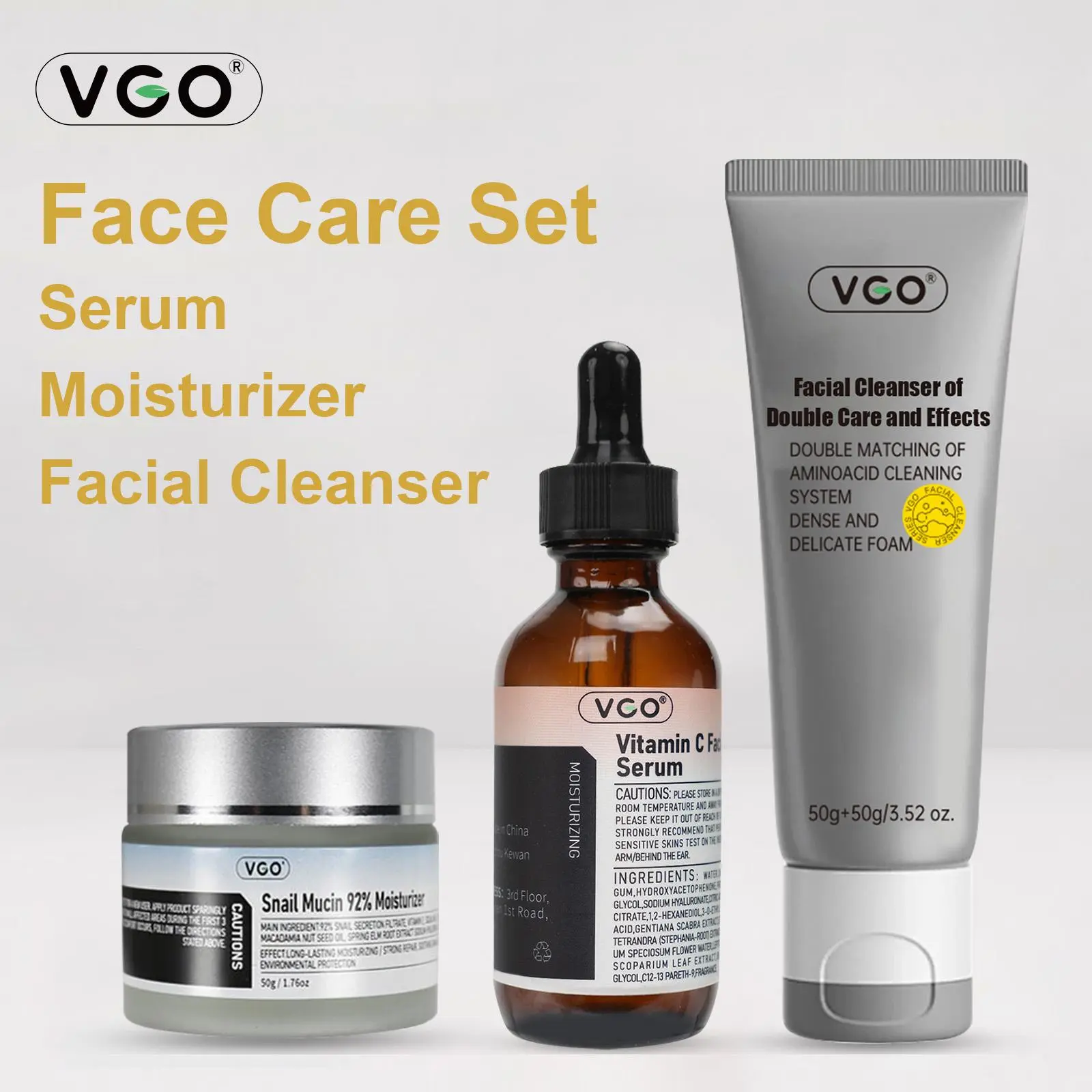 VGO Unisex 3-Piece Skincare Set for Adults - Cleansing Daily Facial Cleanser, Gentle Vitamin C Serum, Moisture-Boosting Hydrating Snail Mucin Moisturizer for Sensitive Skin, Anti-Aging Care, Hydration, None, Fresh And Clean, Multi-Pack, Unscented, Ammonia