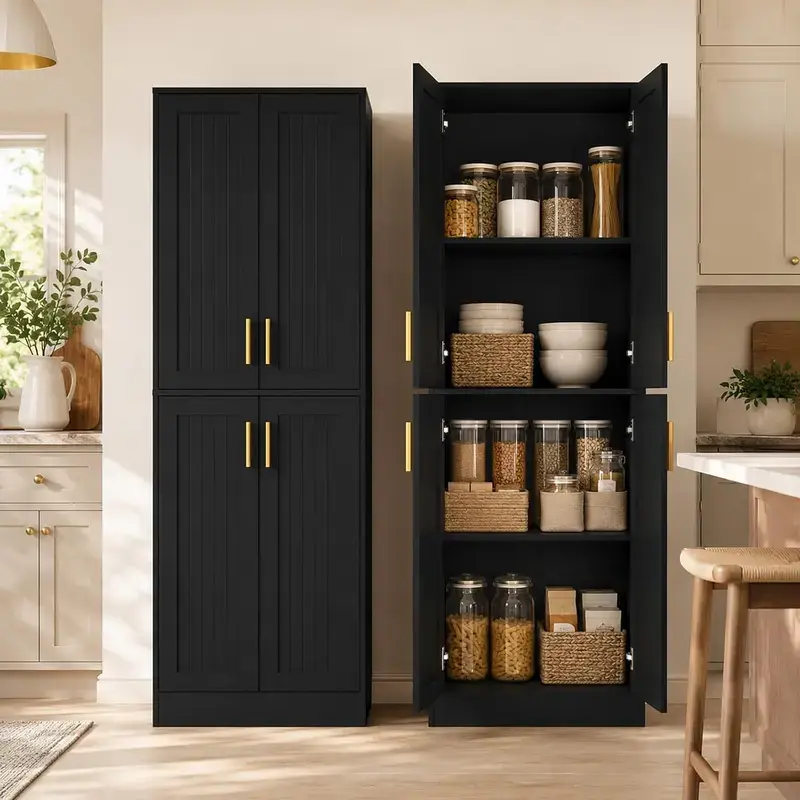 Freestanding Kitchen Pantry Cabinet with Gold Handles - Single Unit, Large Capacity Adjustable Storage Cabinet for Kitchen, Laundry Room Small Spaces