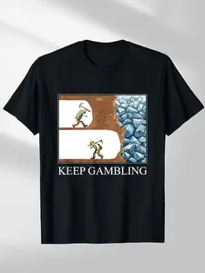 Unisex "Keep Gambling" Miner Meme Graphic T-Shirt, Crewneck – Black & Multi-Color Print, Humorous Meme Aesthetic, Soft Cotton Blend, Relaxed Fit, Perfect for Meme & Gambling Fans, Durable Print, Ideal for Daily Wear/Outings, Casual