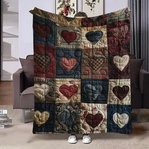 Vintage Patchwork Heart Floral Pattern Flannel Blanket, Soft Throw for Home Office Leisure Air Conditioning Multi-Purpose Use