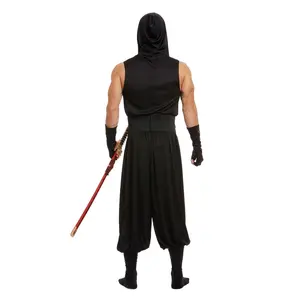 Ninja Men Shadow Warrior Costume - 5-Piece Set with Dragon Hooded Shirt Harem Pants Matching Face Mask & Fingerless Gloves Fitted Lace-Up Details Faux Leather Obi Belt Menswear Cosplay