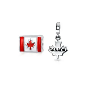 Set of 2 Red Enamel Canadian Flag & Maple Leaf Dangle Charm Bead Oxidized Silver Bead Bracelet Canada Day