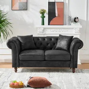 66"Chesterfield ‌ tech Fabric Sofa,High-tech Fabric Roll Armrest Sofa,Upholstered Mid Century Modern Couch,2 Seater Couch for Living Room, Office, Apartment, Black