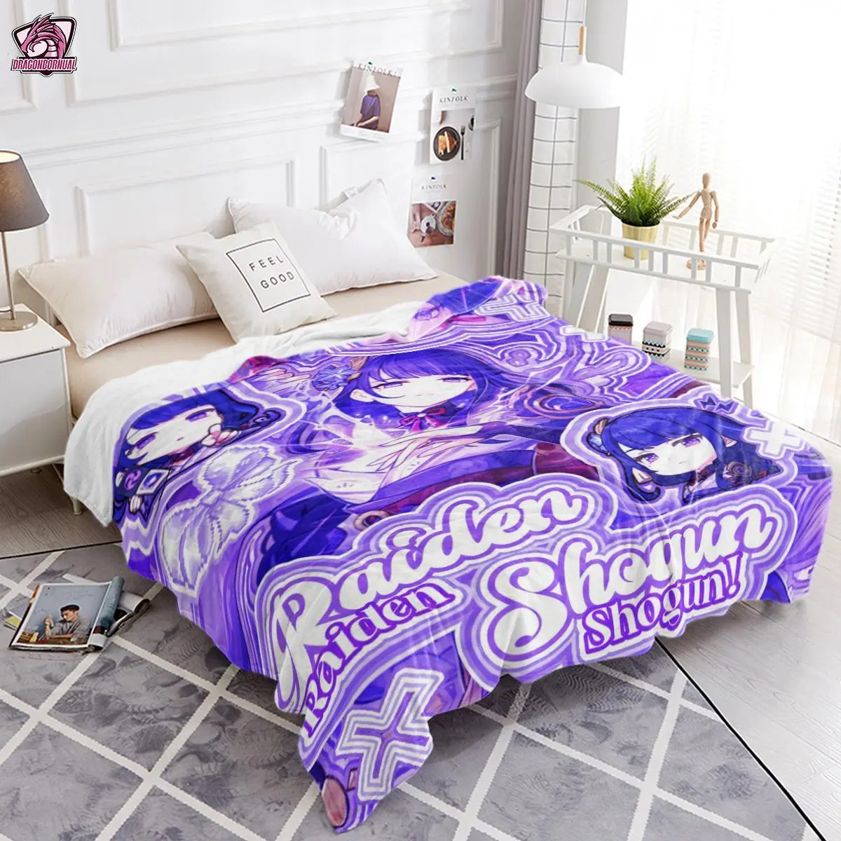 Genshin Impact Raiden Shogun Premium Polyester Flannel Soft Blanket - 30in x 40in Complete Collage, Electro Archon Retro Glam, Chibi Details, Easy to Carry, Stain Resistant, Printed Art, Quality Fabric, Anime Collector Gift, Free Expedited Shipping 251110