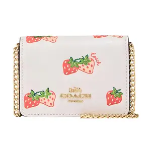 COACH Mini Leather Wallet with Strawberry Print, Detachable Chain, and Snap Closure for Women