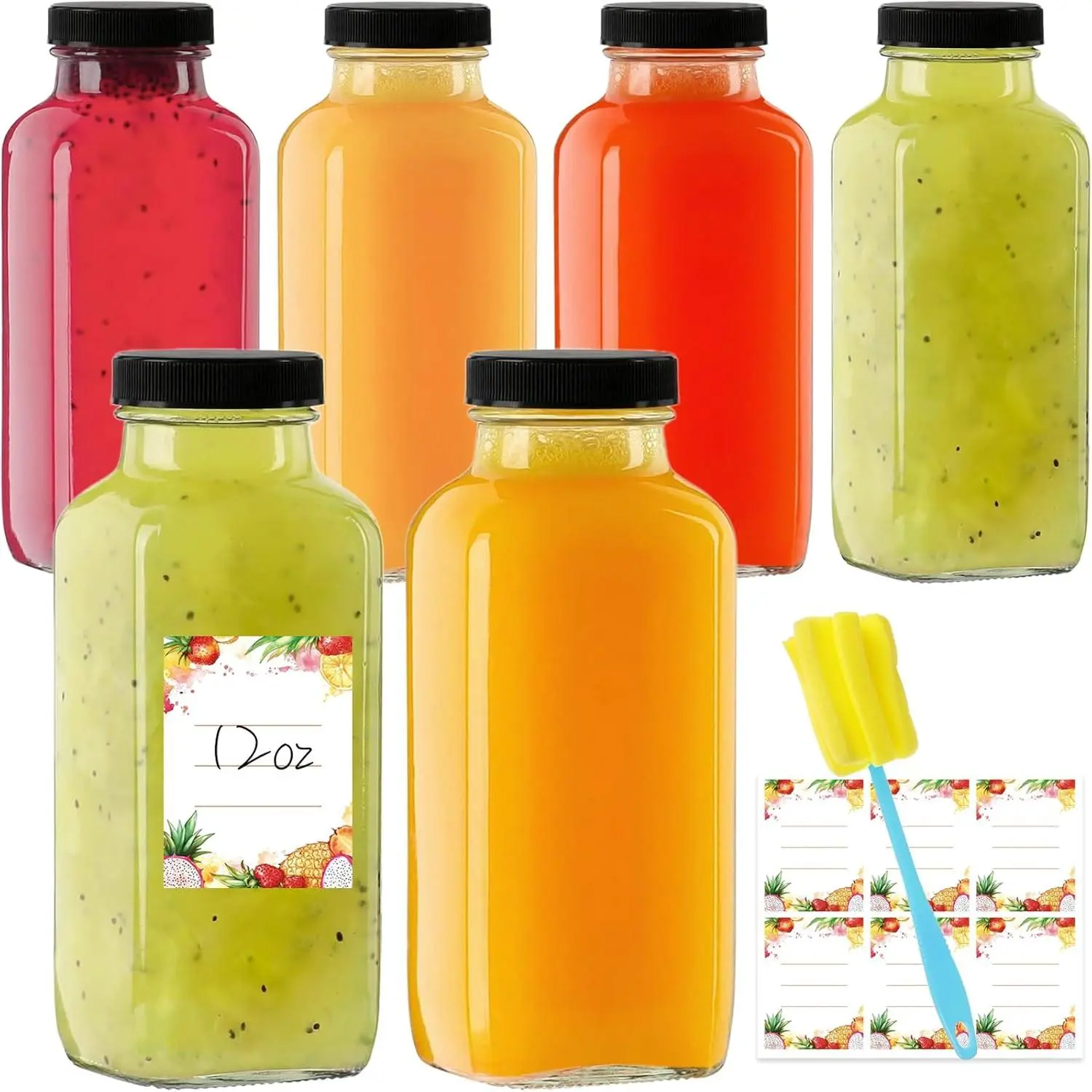12oz Airtight Solid Glass Storage Bottles & Kombucha Jars (6-Pack) - Reusable Leak-Proof Sealable Kitchen Containers with Removable Caps for Juice, Green Drinks