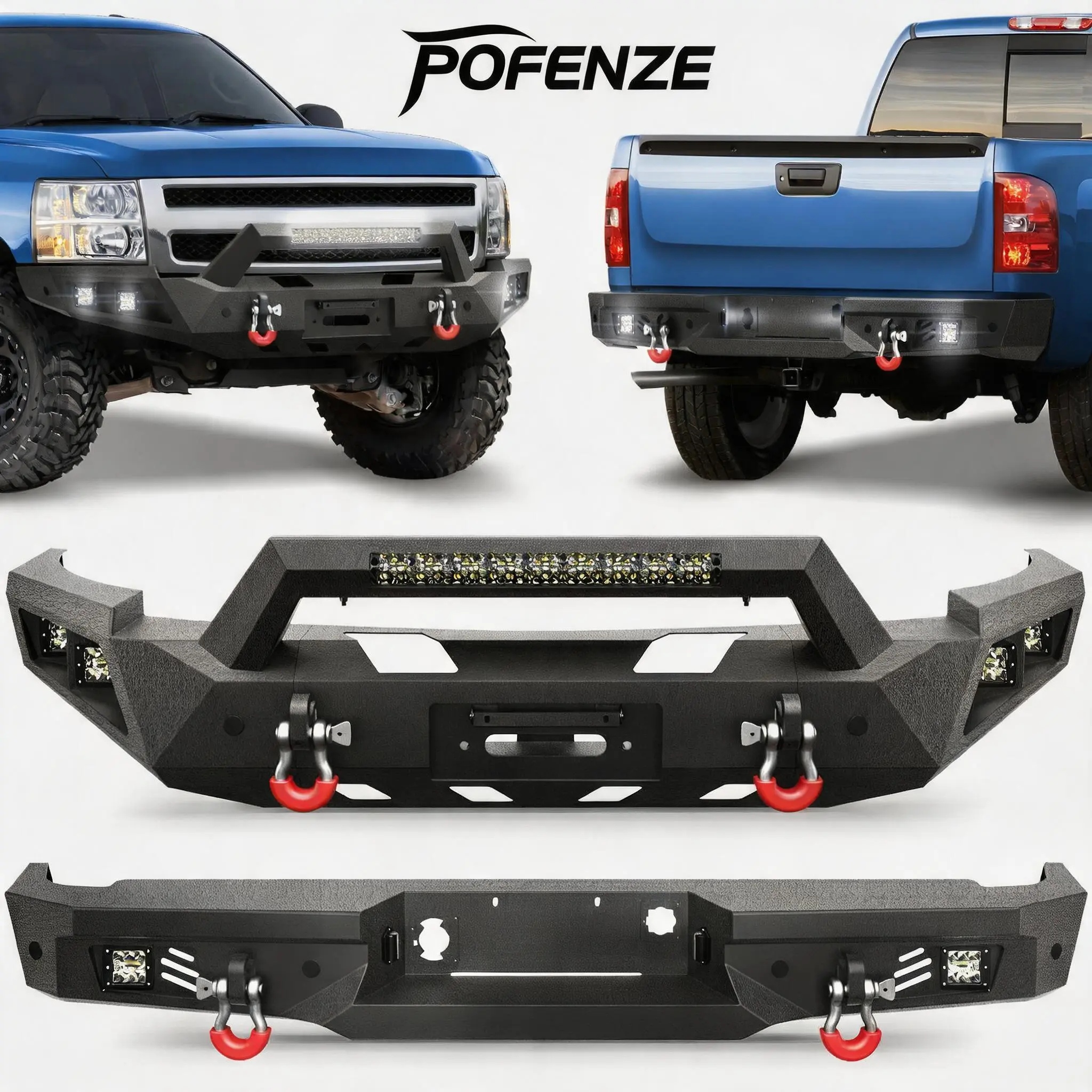 POFENZE-Mestan Silverado Bumper Set for 2007-2013 Chevy Silverado 1500 Pickup Truck, Auto Replacement Bumper with Winch Plate, LED Lights, D-rings and License Plate Bracket, Includes Plate