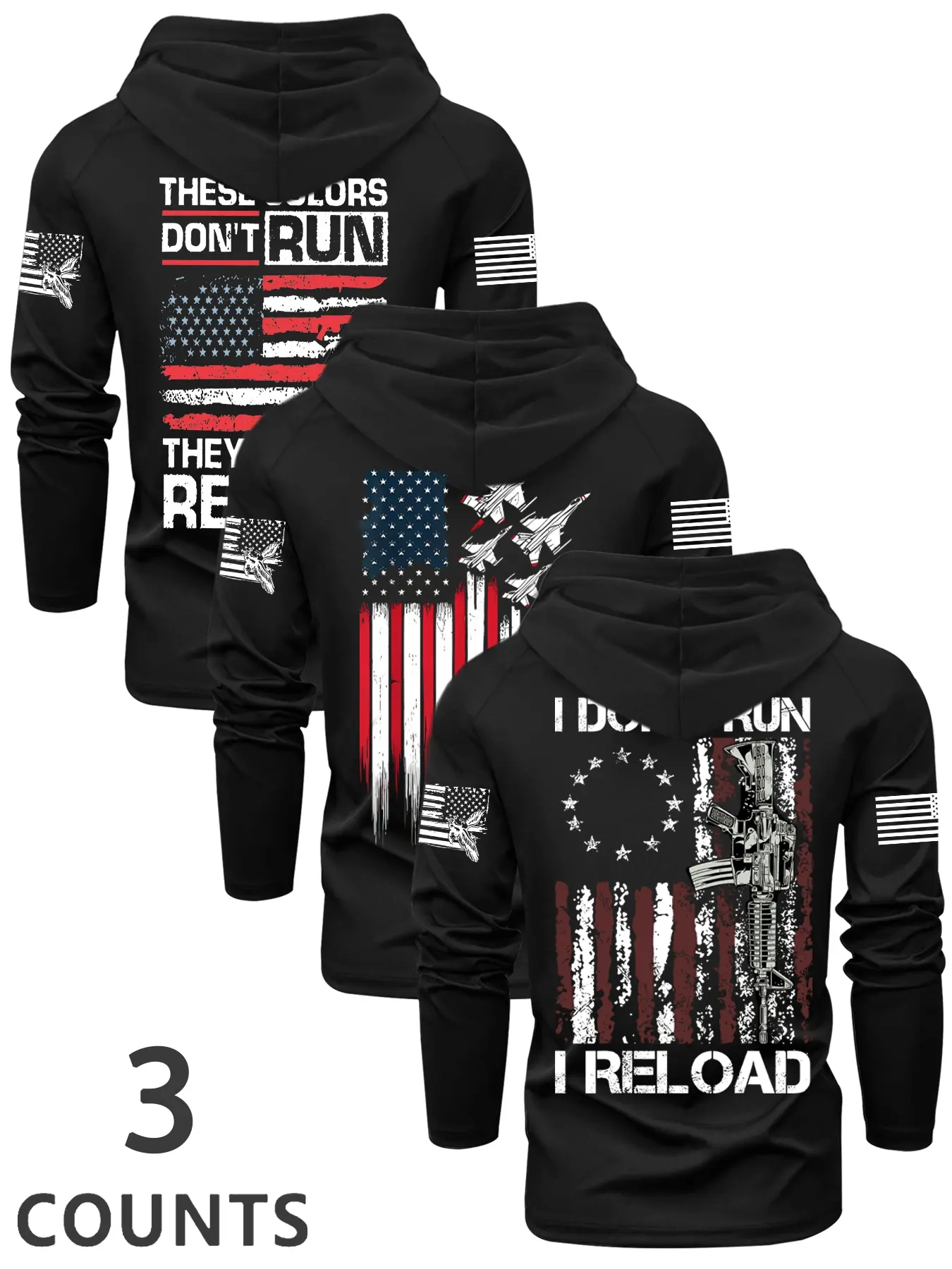 Men's 3-Piece Knit Flag Letter Graphic Print Hooded Long Sleeve T-Shirt Set, Casual Outdoor Spring & Fall Wear, Fitted Design, 3-Pack, Fashion Casual Clothing