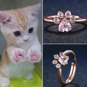 RINGLUX - Cute Cat Claw Opening Ring Women Rose Gold Crystal Footprint Plated Adjustable Ring Romantic Wedding Love Ring Jewelry
