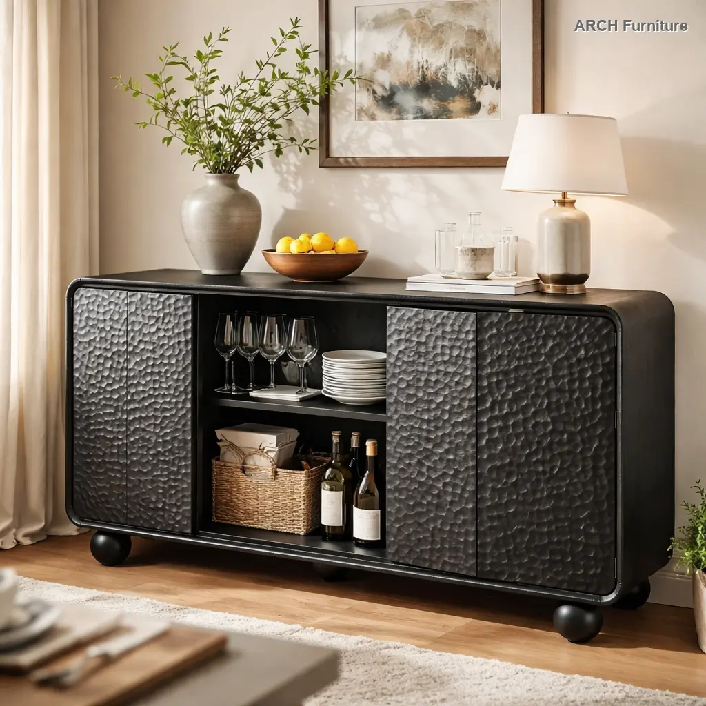 59" Modern Geometric Arch Curved Profile Sideboard Buffet Cabinet - Architectural Style, Child-Friendly, Curved Corner Sideboard with Storage, Child-Safe Corners, Honeycomb Textures, Sphere Legs for Living Room, Dining Room, Architectural Style Sideboards