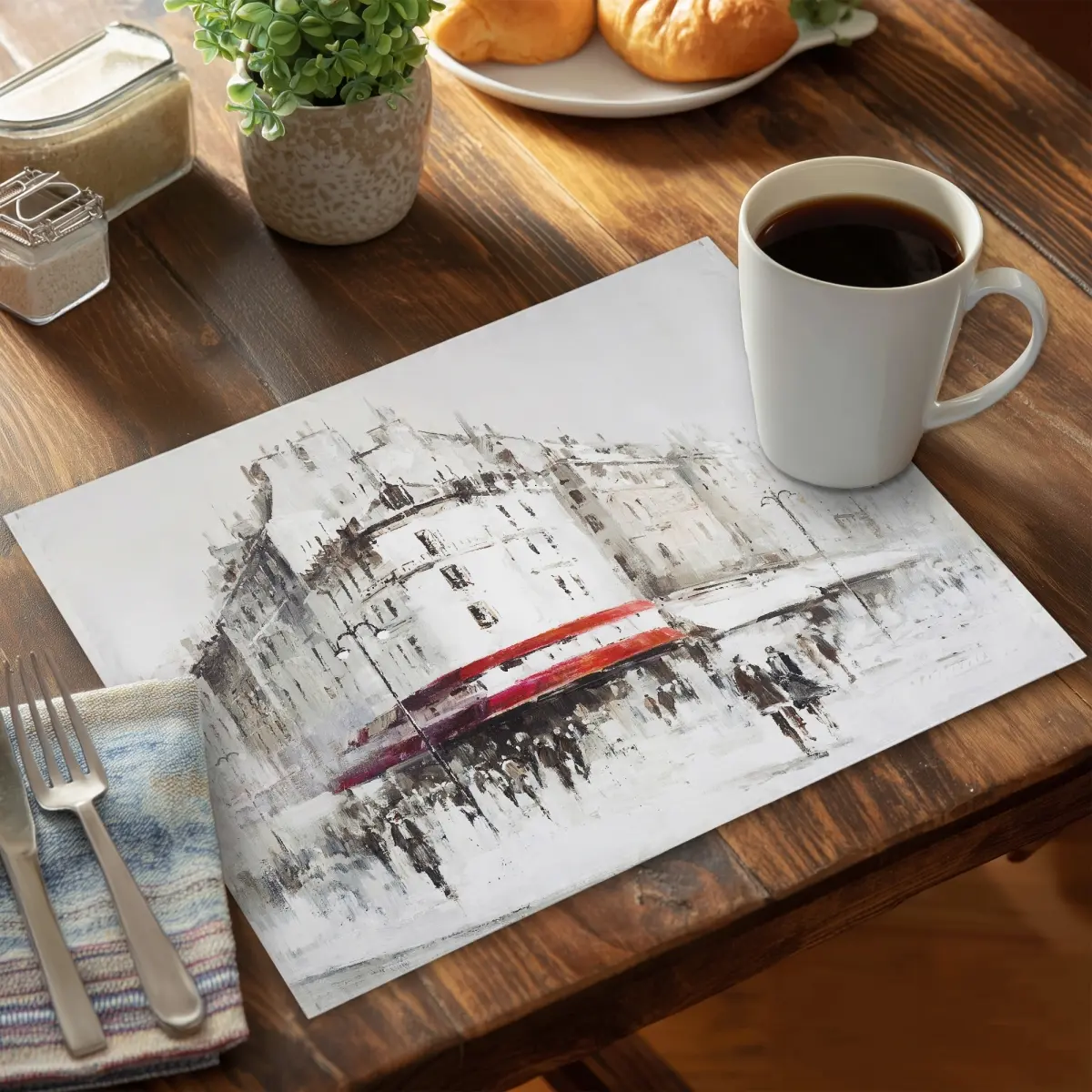 360 stand Rectangular Stainproof Modern Tableware Placemat, CPPM1418X3YRTB, 14x18 in., Stylish White Building Design - White Street with Red Accents, Coasters, Decorative Protective Placemats & Coasters, Modern Aesthetics