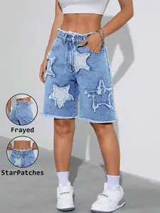 Women's High-Waisted Patchwork Frayed Denim Shorts, Loose Straight-Leg Mid-Thigh Pants with Functional Pockets, Summer Casual Beachwear Womenswear, Jean Shorts